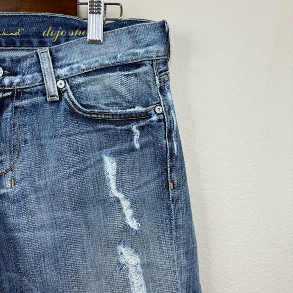 7 For All Mankind DOJO Shorts Long Made  USA Womens 28 Blue Denim Distressed - Picture 7 of 15